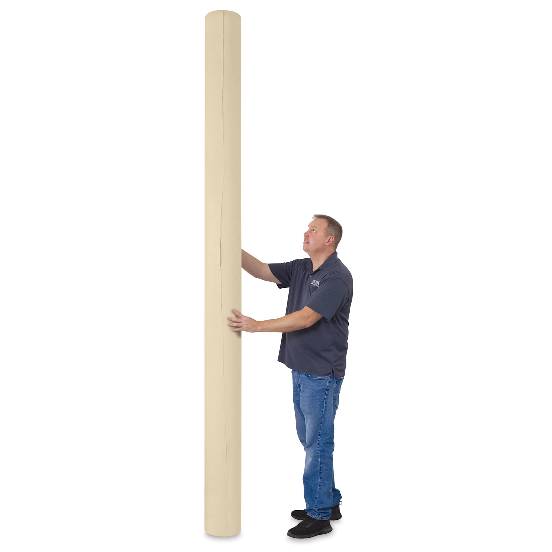 Blick Unprimed Cotton Canvas - Medium Weight, Medium-Smooth Texture, 120" x 50 yds, man standing next to canvas
