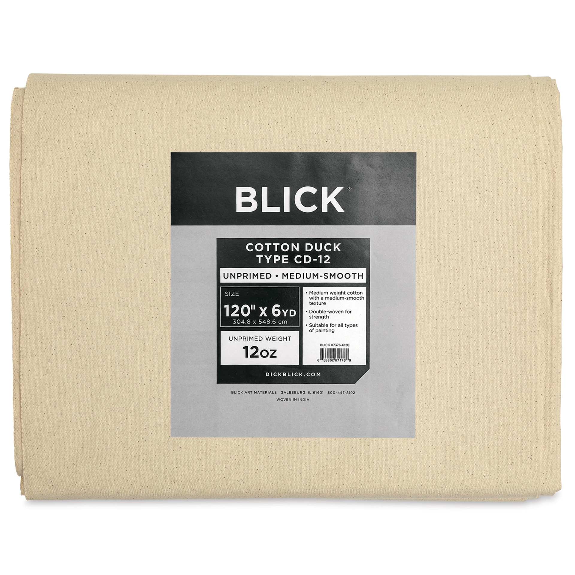 Blick Unprimed Cotton Canvas - Medium Weight, Medium-Smooth Texture, 120" x 6 yds, close-up of label