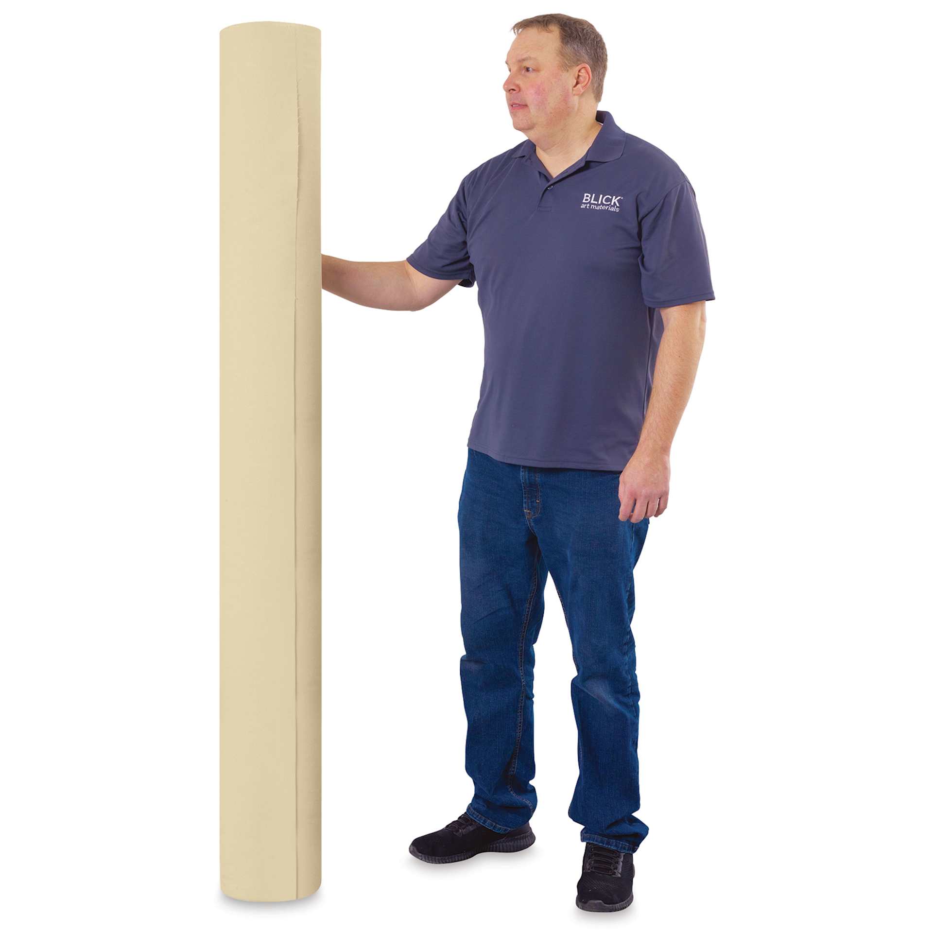 Blick Unprimed Cotton Canvas - Lightweight, Medium Texture, 72" x 50 yds, man standing next to roll