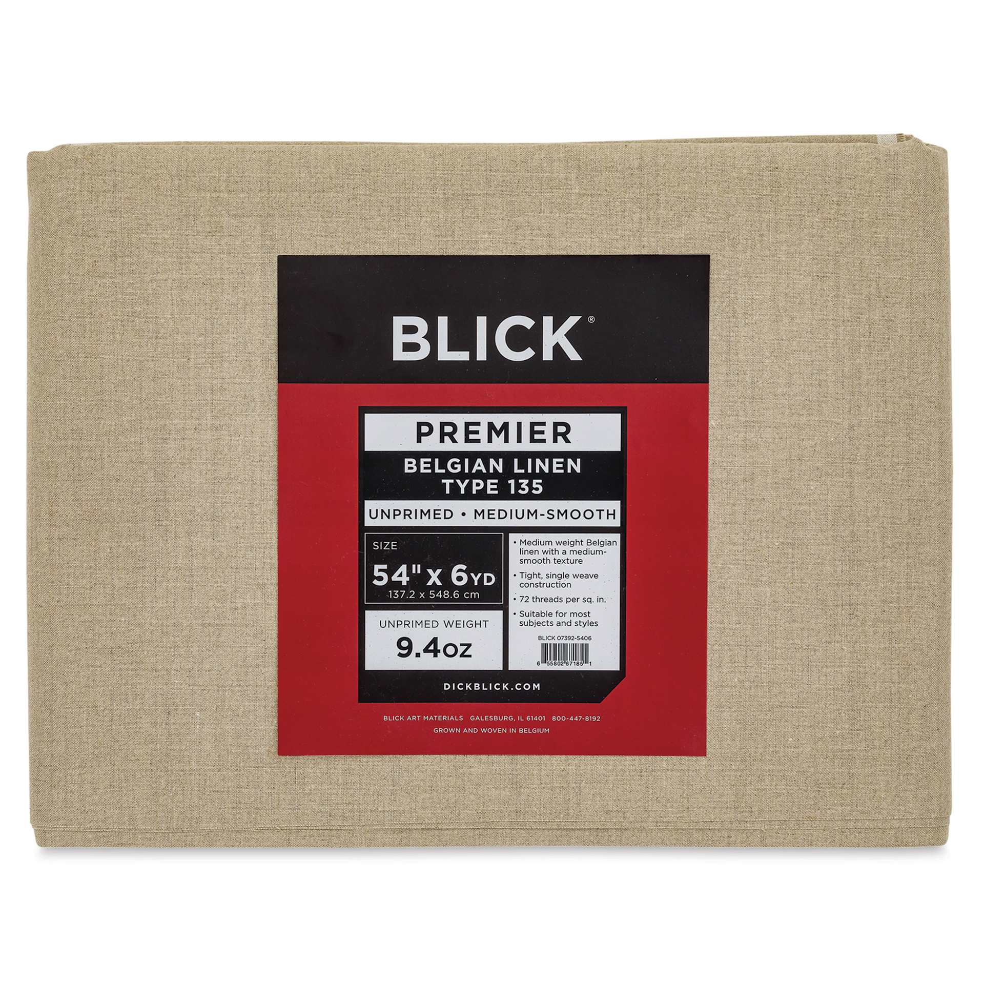 Blick Unprimed Belgian Linen Canvas - Type 135, 54" x 6 yds, Folded, close-up of label