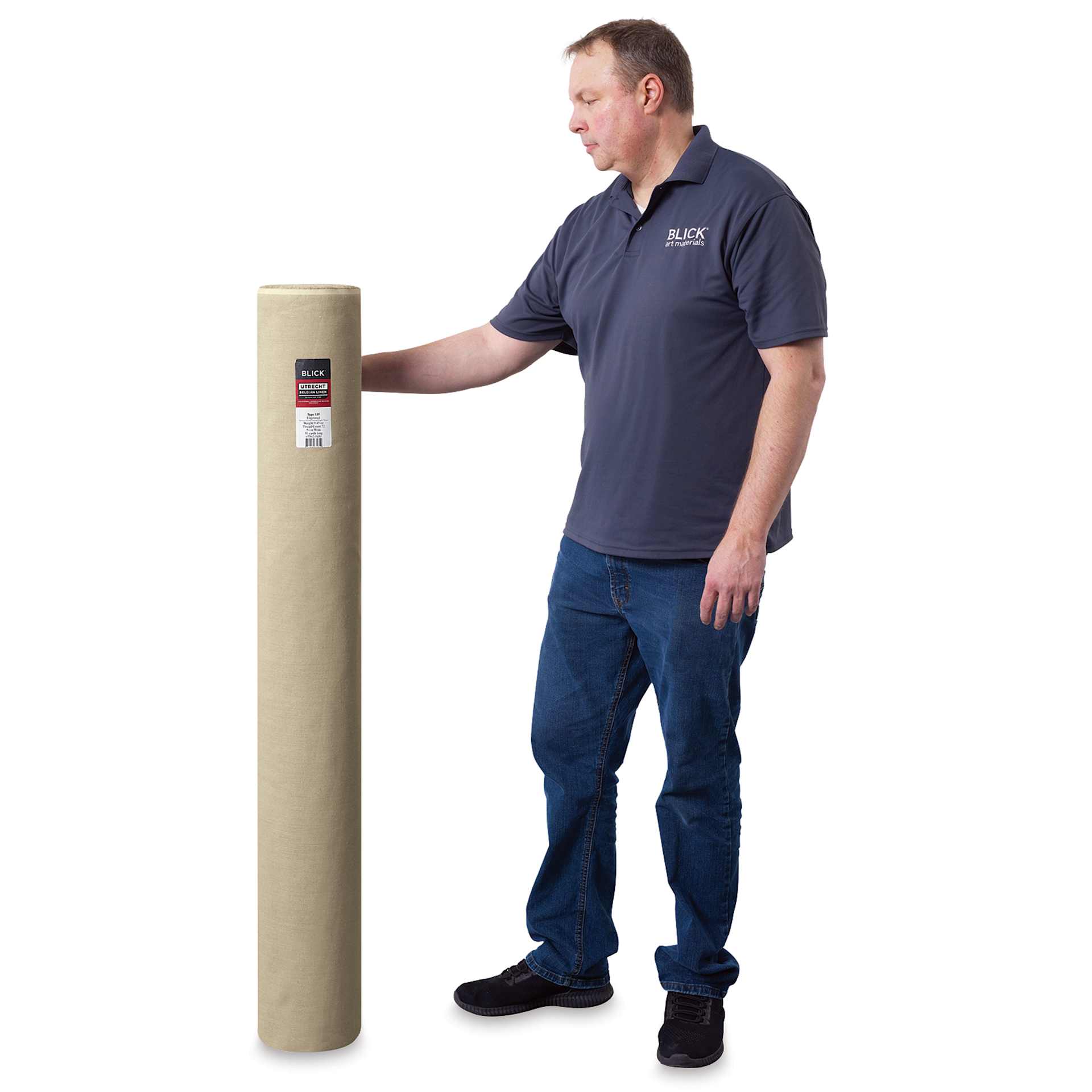 Blick Unprimed Belgian Linen Canvas - Type 135, 54" x 50 yds, Roll, man holding canvas roll