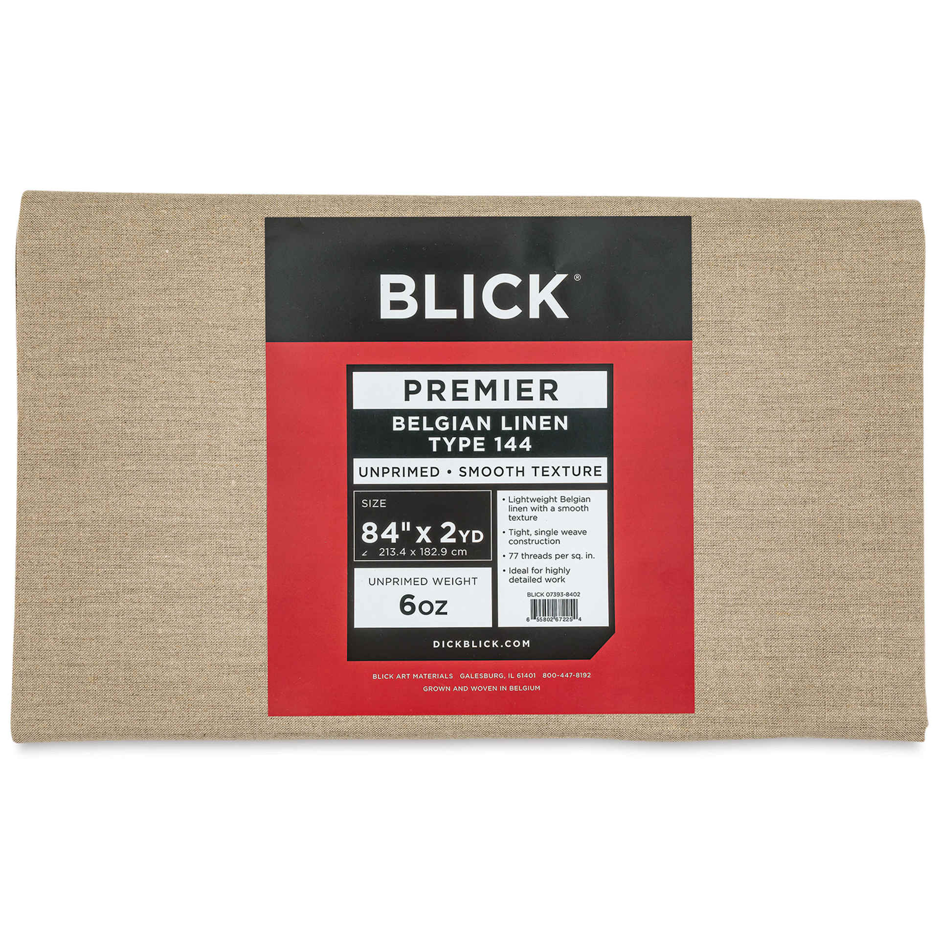 Blick Unprimed Belgian Linen Canvas - Type 144, 84" x 2 yds, Folded, close-up of label