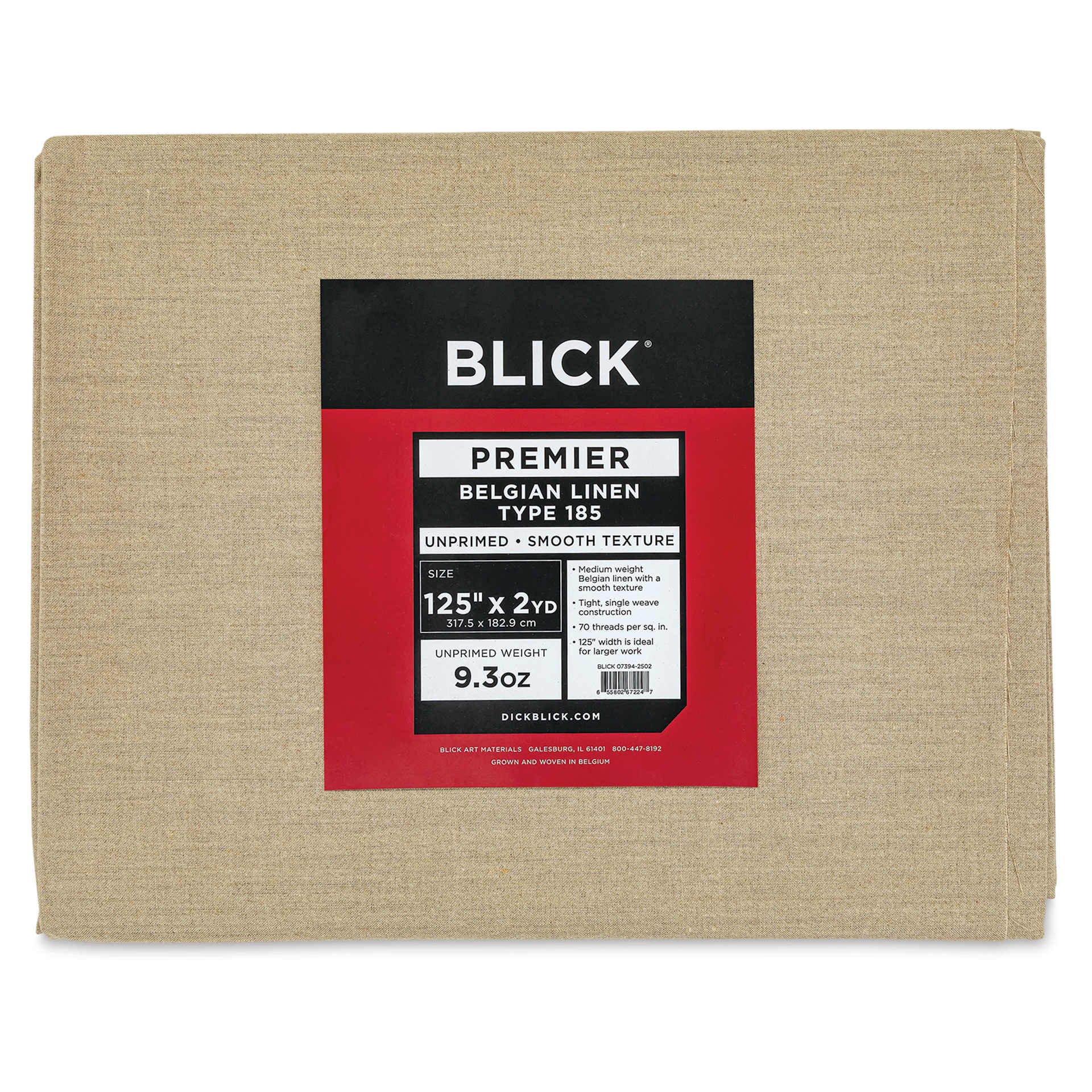 Blick Unprimed Belgian Linen Canvas - Type 185, 125" x 2 yds, Folded, close-up of label