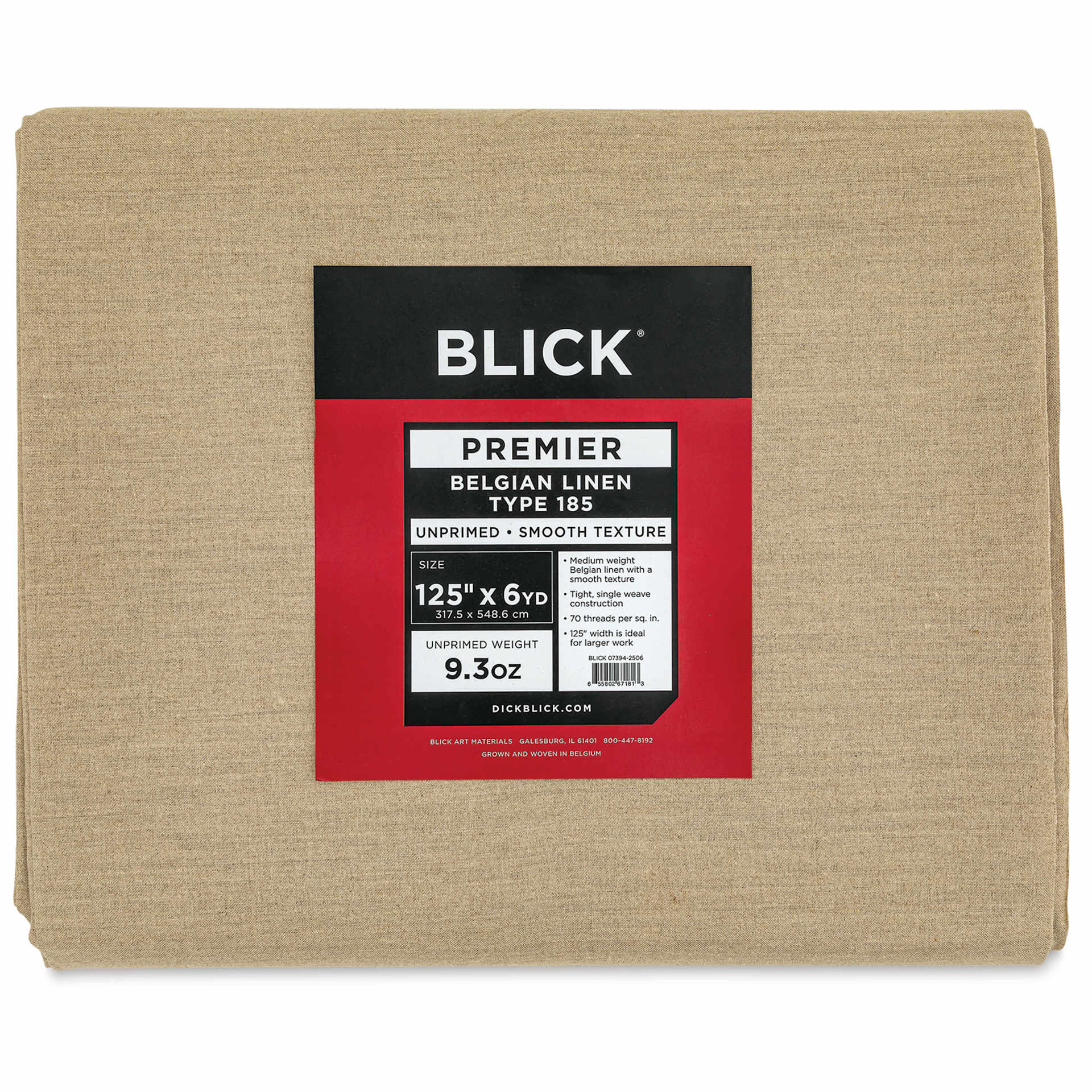 Blick Unprimed Belgian Linen Canvas - Type 185, 125" x 6 yds, Folded, close-up of label
