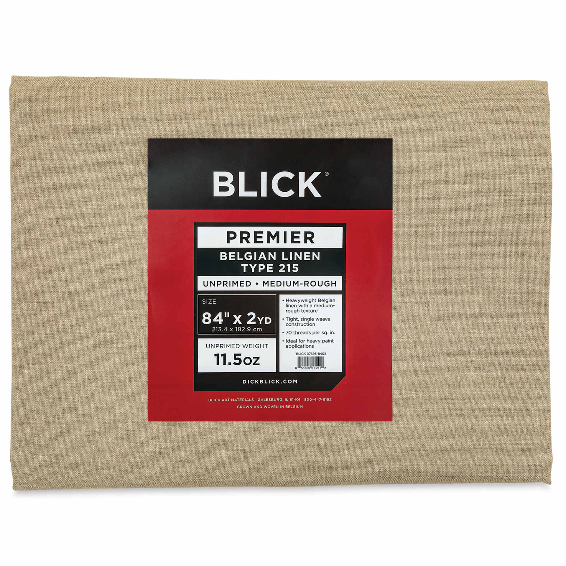 Blick Unprimed Belgian Linen Canvas - Type 215, Medium Rough, 84" x 2 yds, Folded, close-up of label