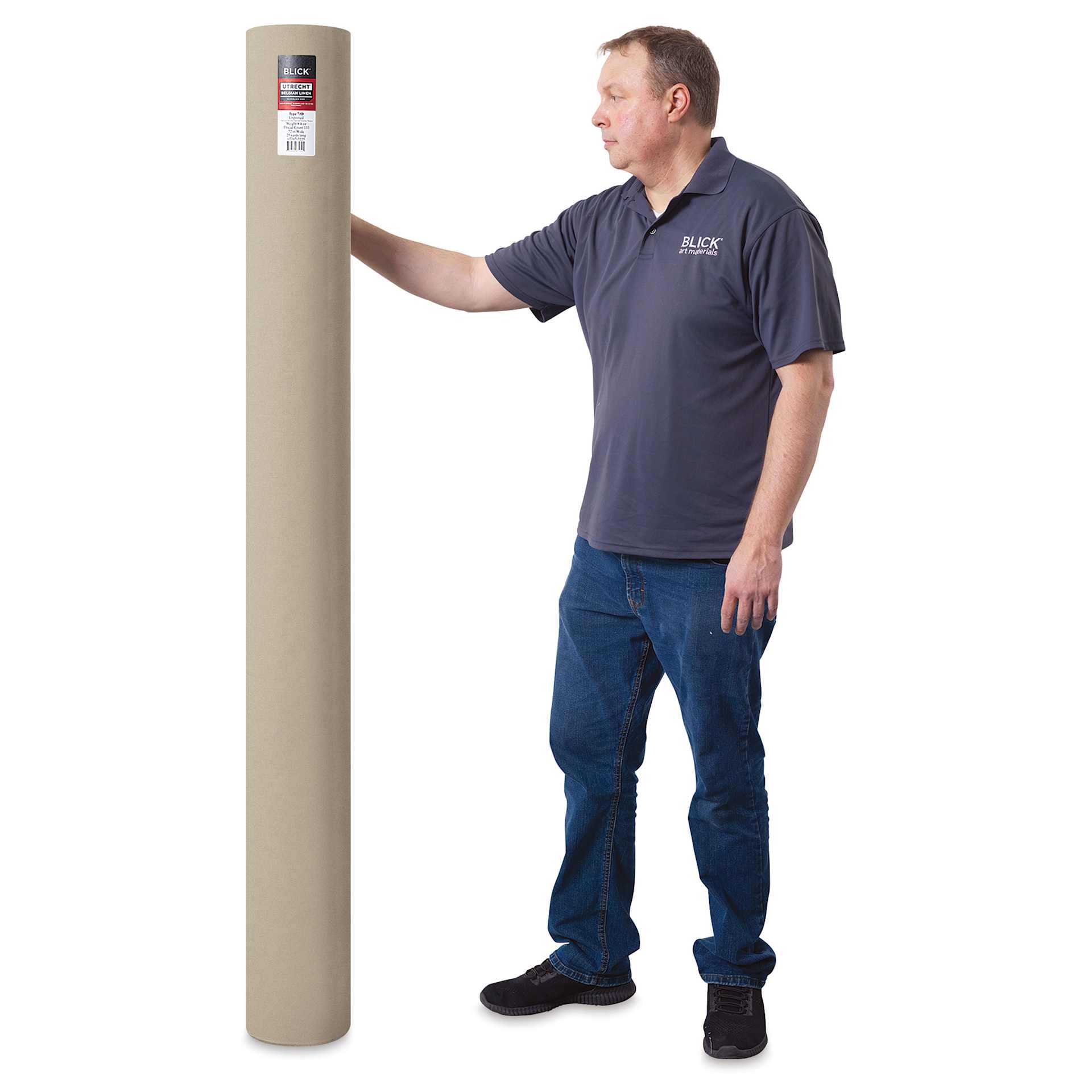 Blick Unprimed Belgian Linen Canvas - Type 73D, 72" x 50 yds, Roll, man holding canvas roll