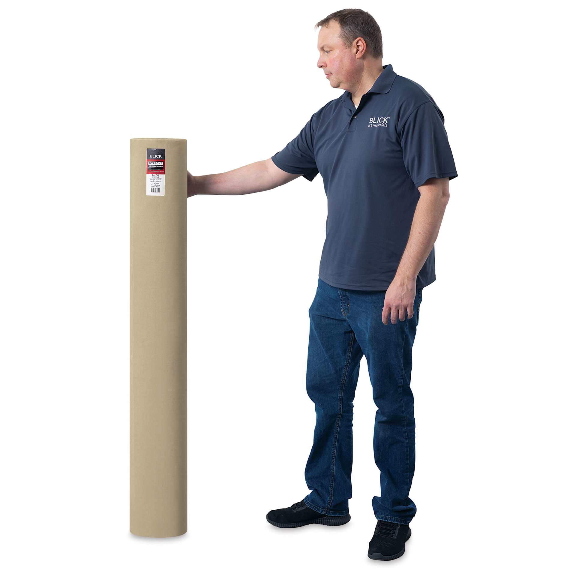 Blick Unprimed Belgian Linen Canvas - Type 74D, 54" x 50 yds, Roll, man holding canvas roll