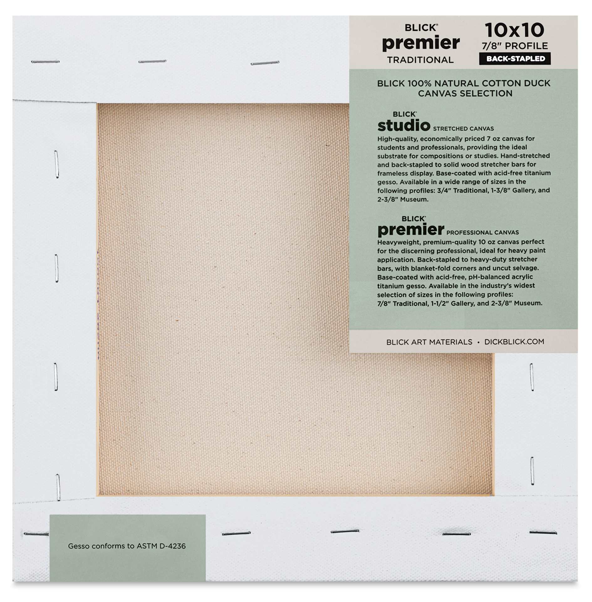 Blick Premier Stretched Cotton Canvas - Traditional Profile, Back-Stapled, 10" x 10", back