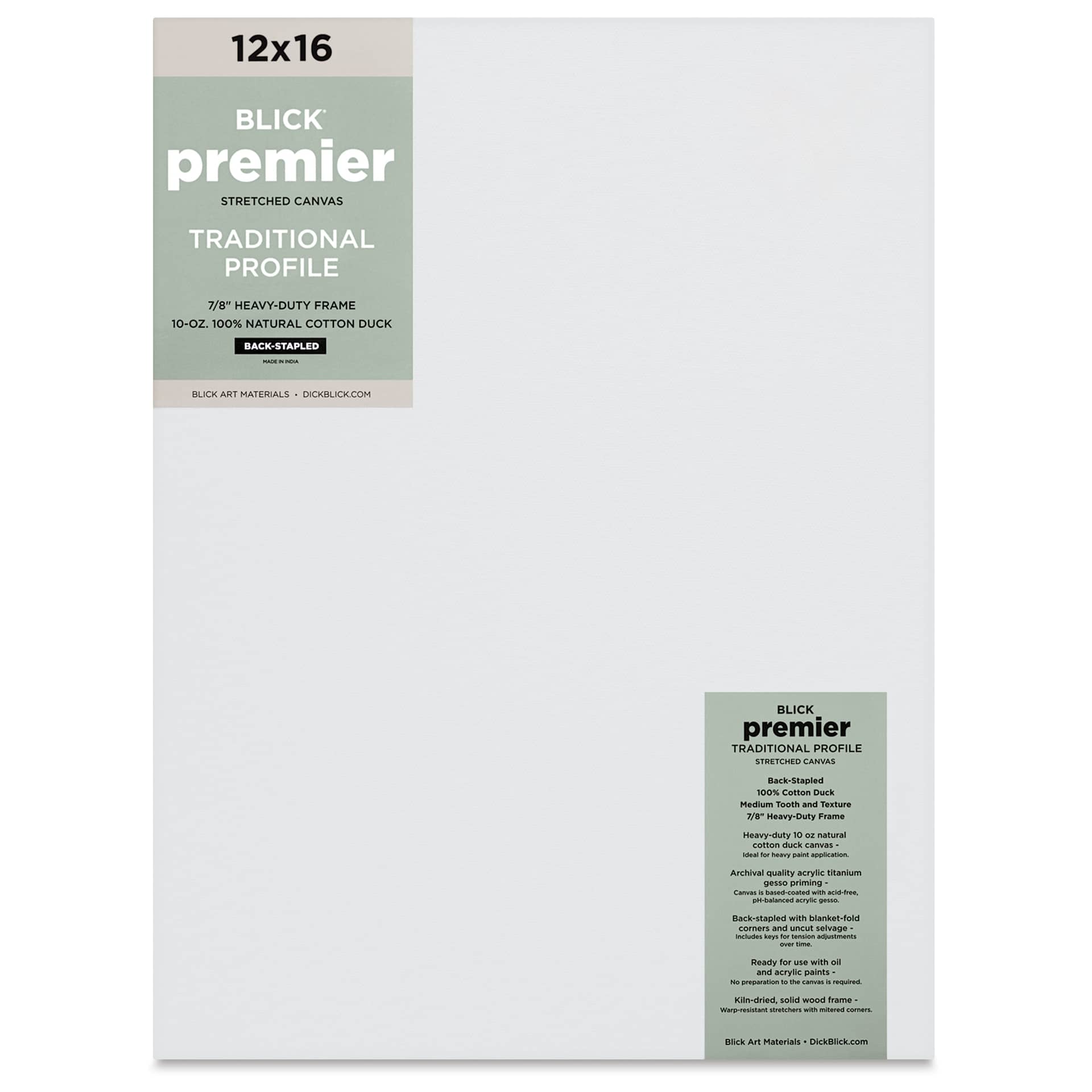 Blick Premier Stretched Cotton Canvas - Traditional Profile, Back-Stapled, 12" x 16", front