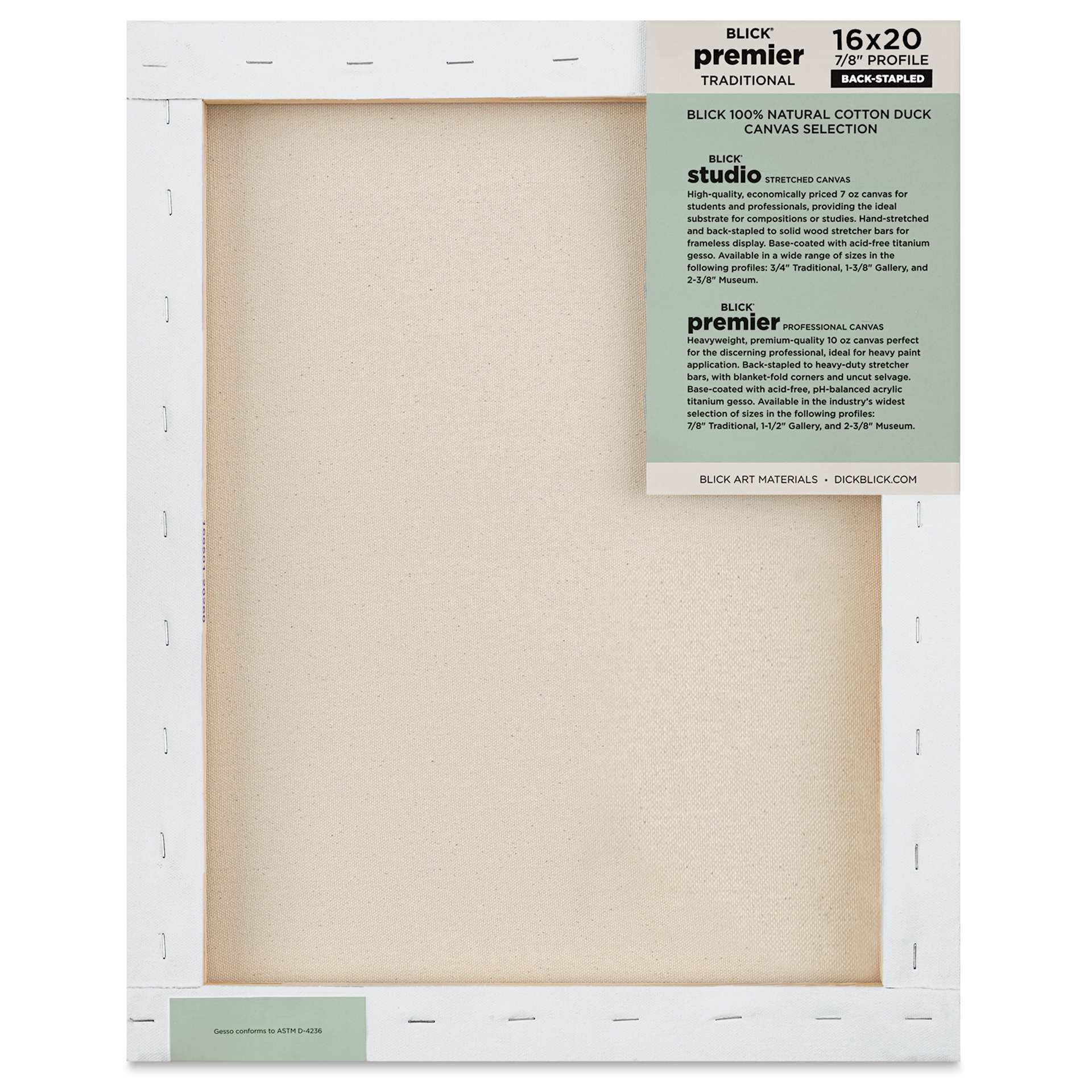 Blick Premier Stretched Cotton Canvas - Traditional Profile, Back-Stapled, 16" x 20", back