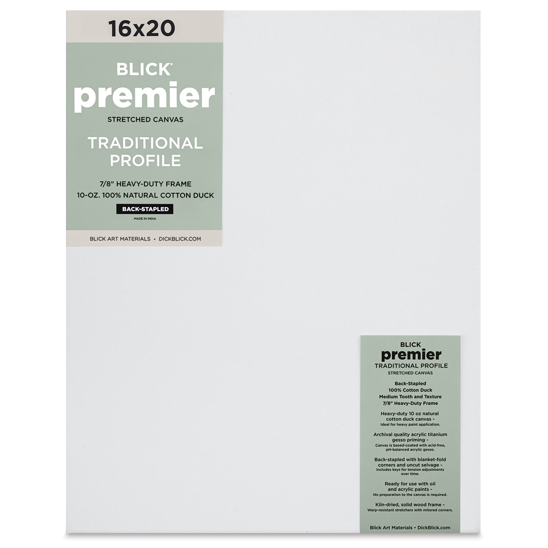 Blick Premier Stretched Cotton Canvas - Traditional Profile, Back-Stapled, 16" x 20", front