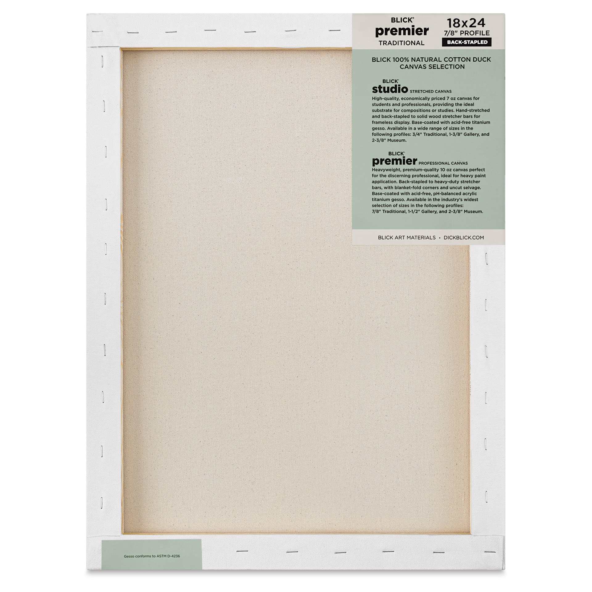 Blick Premier Stretched Cotton Canvas - Traditional Profile, Back-Stapled, 18" x 24", back