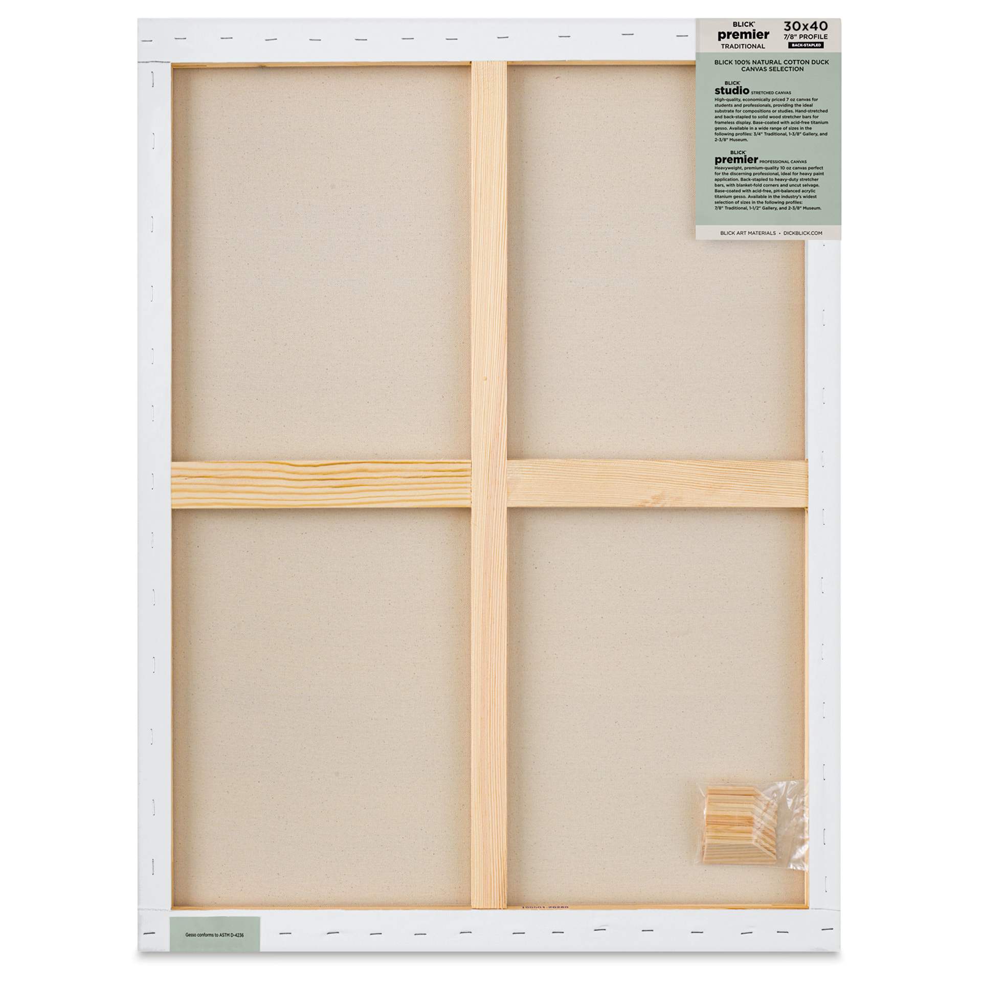 Blick Premier Stretched Cotton Canvas - Traditional Profile, Back-Stapled, 30" x 40", back