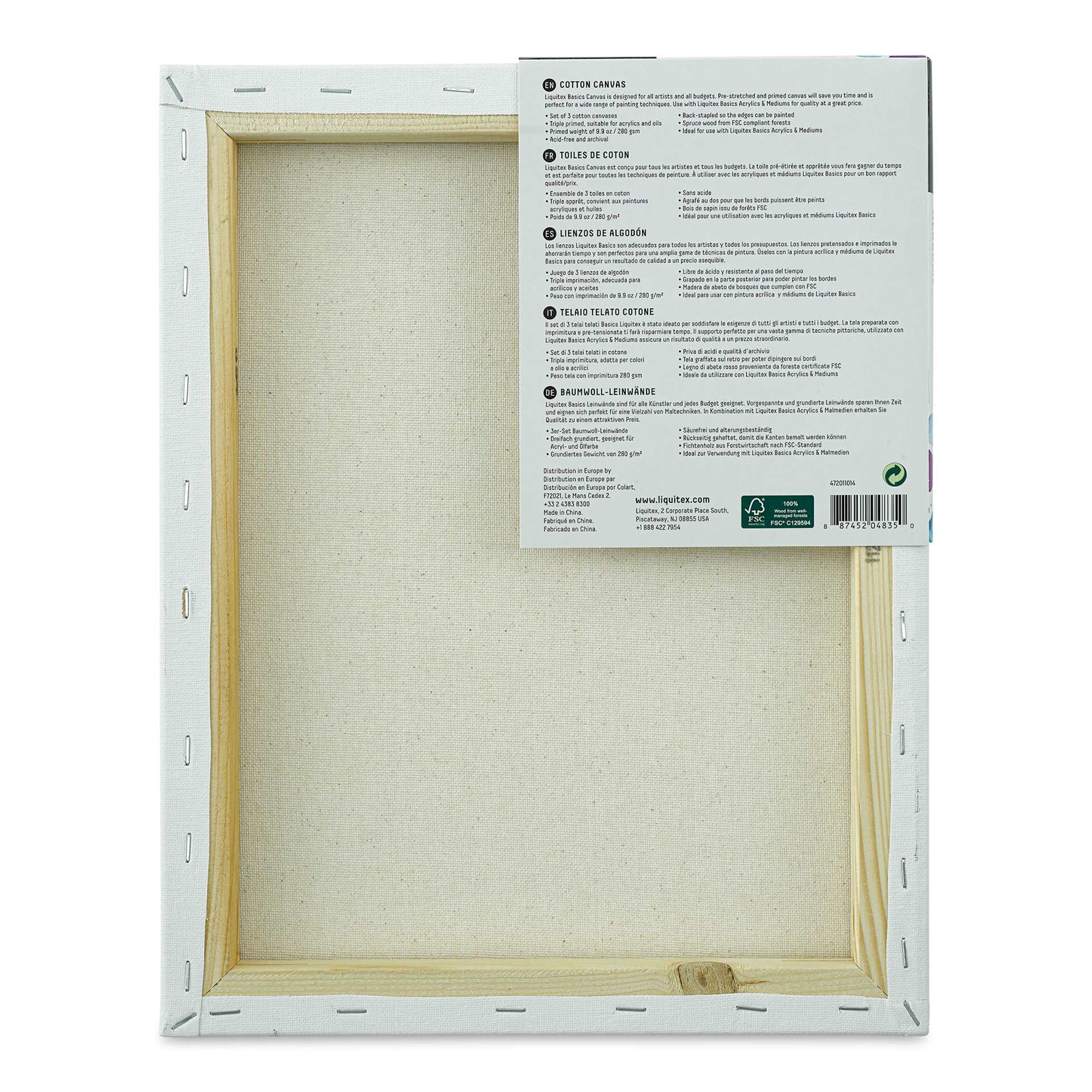 Liquitex Basics Stretched Cotton Canvas Pack - 11" x 14", Pkg of 3 (Back of packaging)