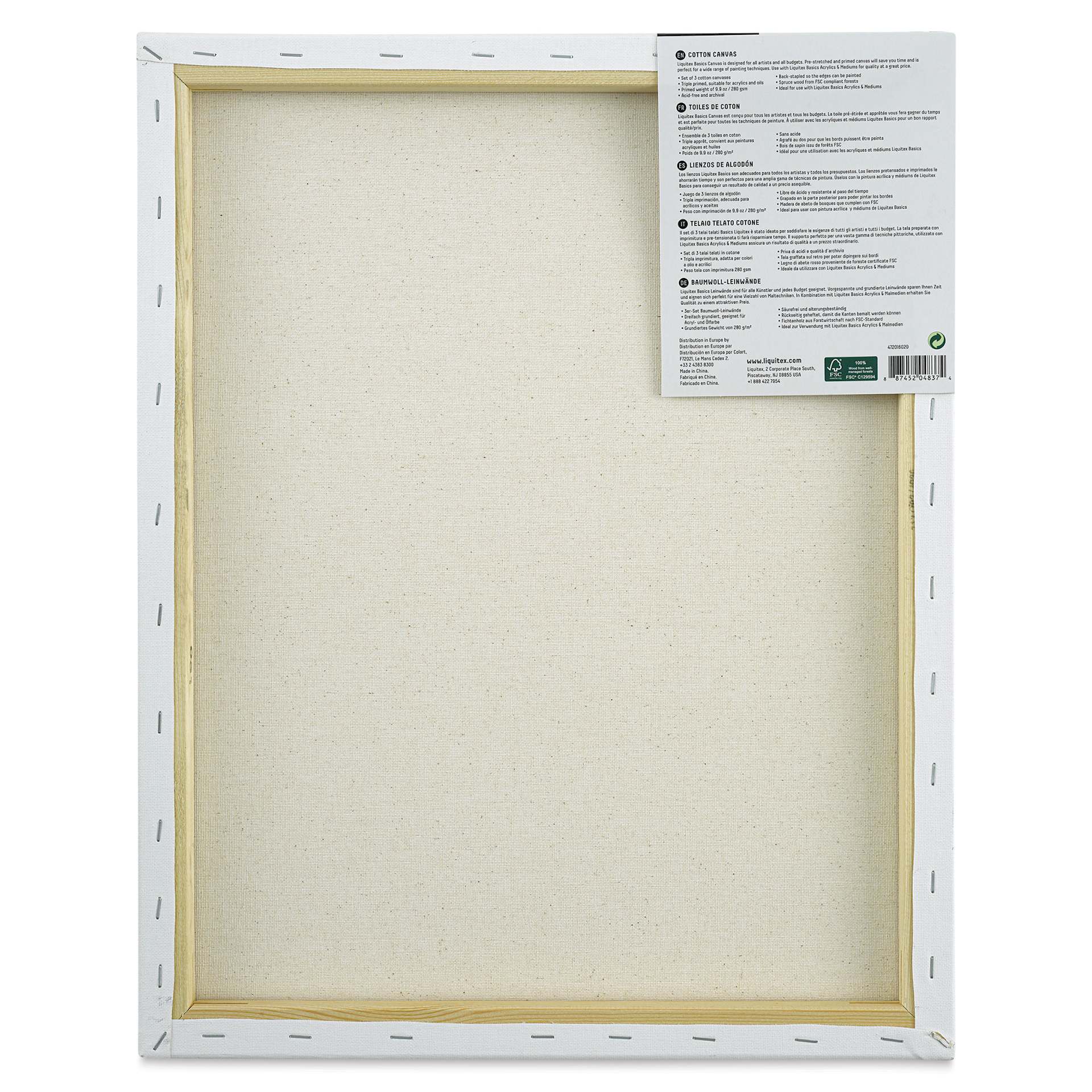 Liquitex Basics Stretched Cotton Canvas Pack - 16" x 20", Pkg of 3 (Back of package)