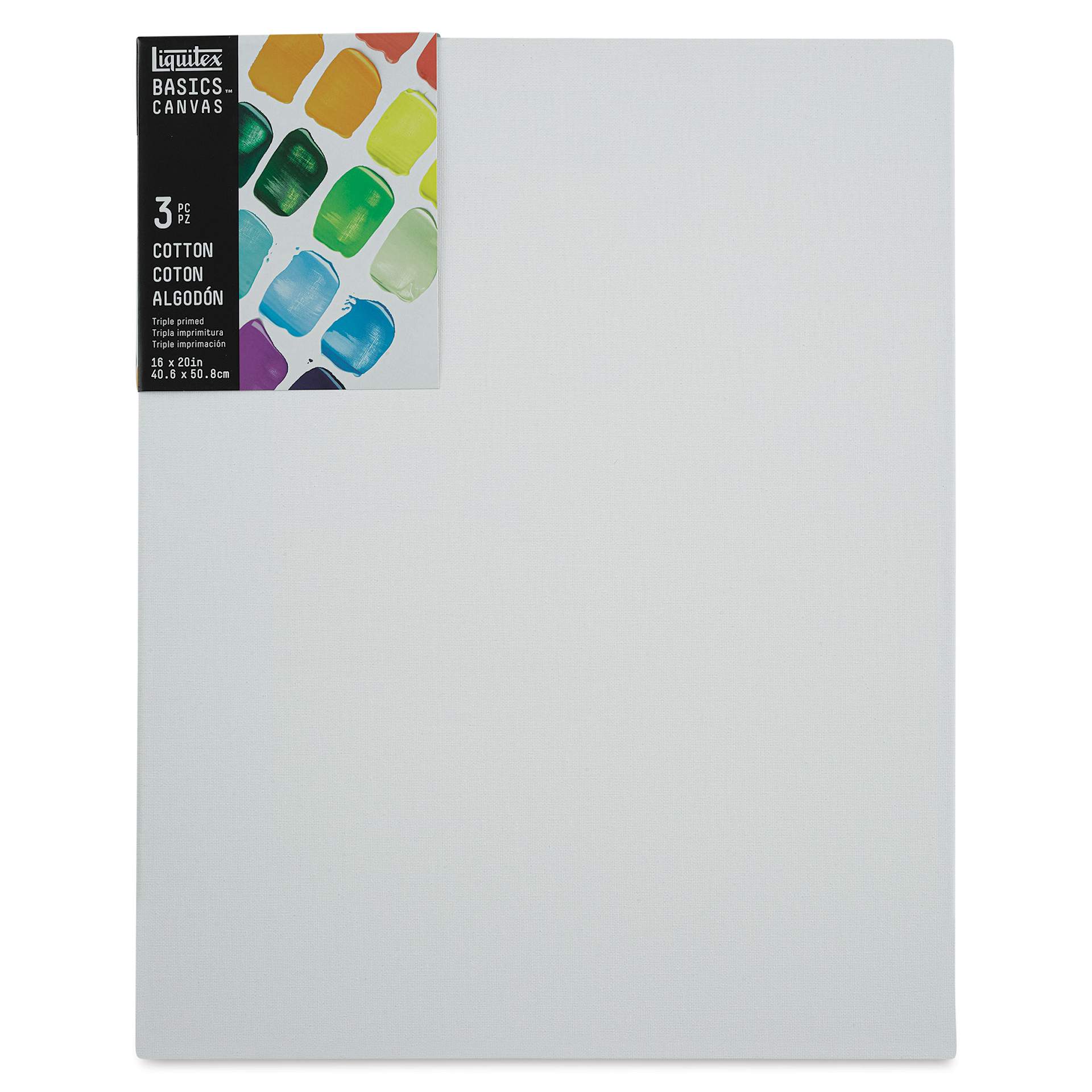 Liquitex Basics Stretched Cotton Canvas Pack - 16" x 20", Pkg of 3 (Front of package)