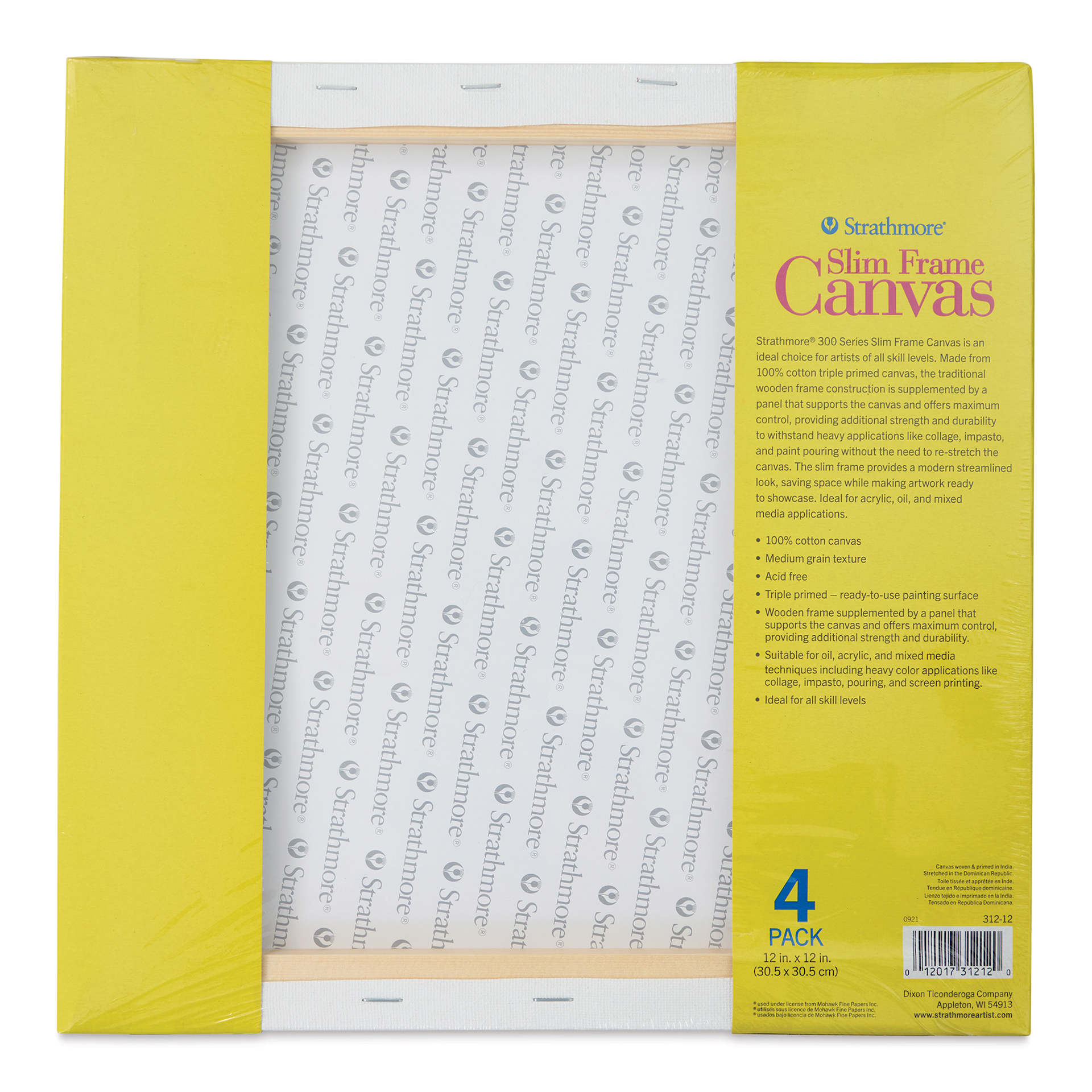 Strathmore 300 Series Slim Frame Stretched Cotton Canvas Pack - 12" x 12", Pkg of 4, back of pack