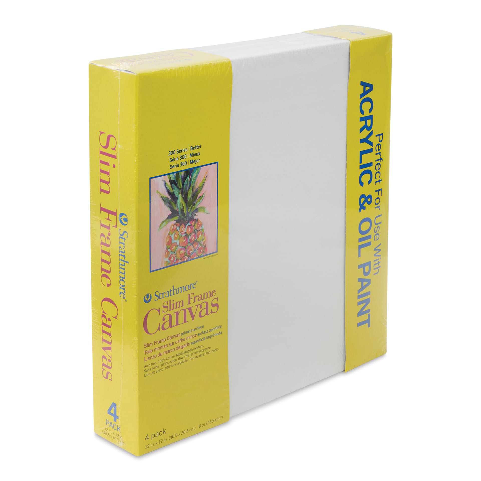 Strathmore 300 Series Slim Frame Stretched Cotton Canvas Pack - 12" x 12", Pkg of 4, at an angle