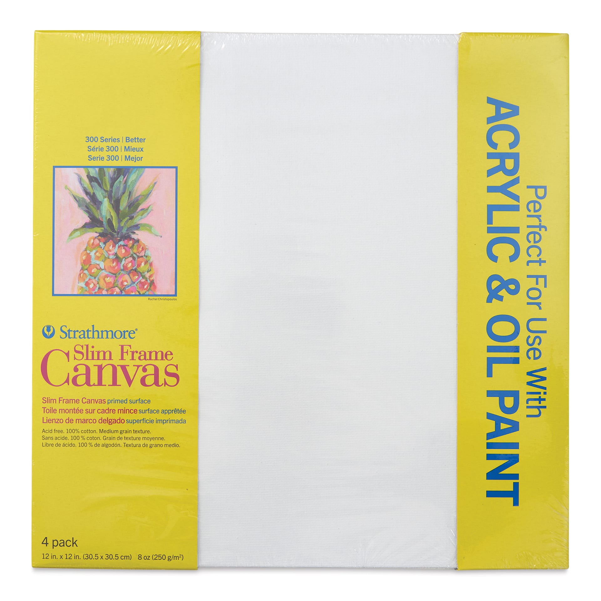 Strathmore 300 Series Slim Frame Stretched Cotton Canvas Pack - 12" x 12", Pkg of 4, front of pack