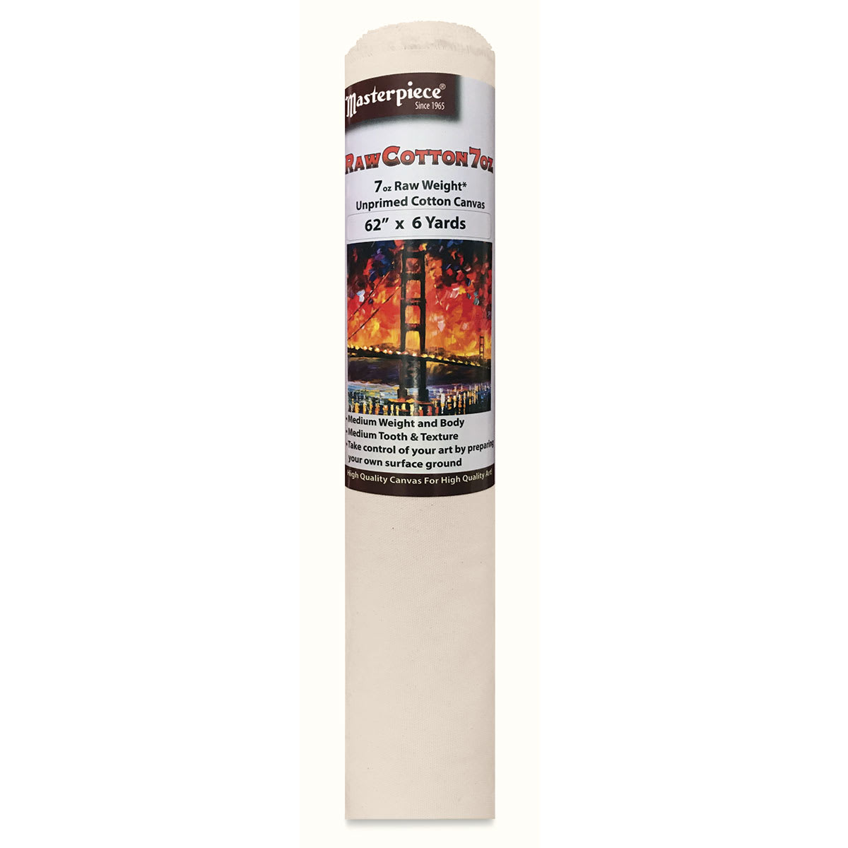 Masterpiece Raw 7 Oz Cotton Canvas Rolls -  62" x 6 yds close up of label