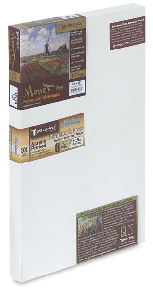 Masterpiece Monterey Cotton Canvas - Angled view of Monet 1 1/2" profile canvas with label