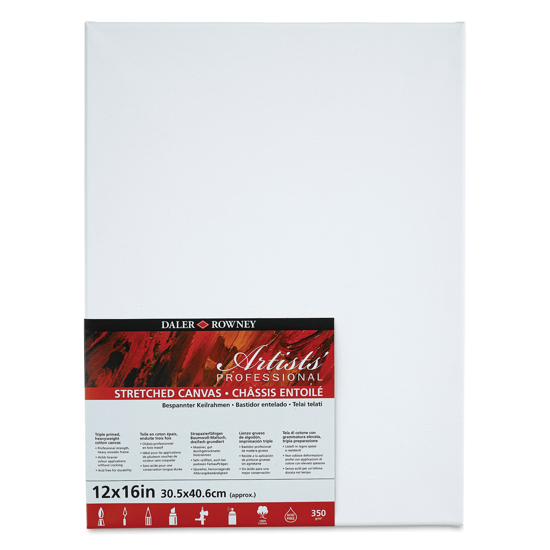 Daler-Rowney Artists' Stretched Cotton Canvas - 12" x 16", front view with label Daler-Rowney Artists' Stretched Cotton Canvas - 12" x 16", front view with label