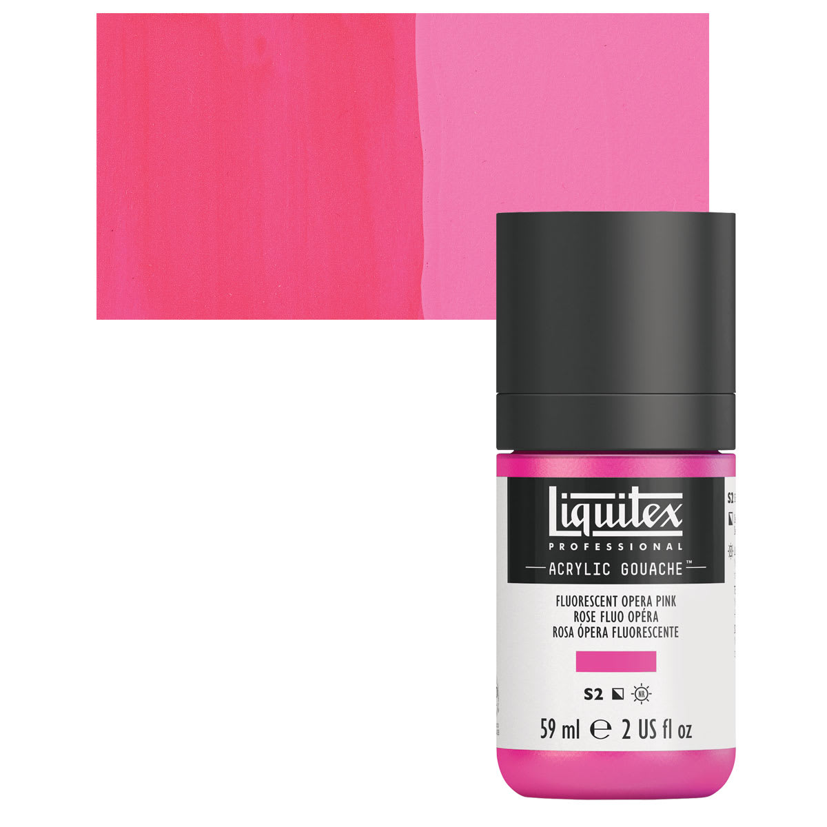 Liquitex Acrylic Gouache - Fluorescent Opera Pink, 59 ml bottle and swatch