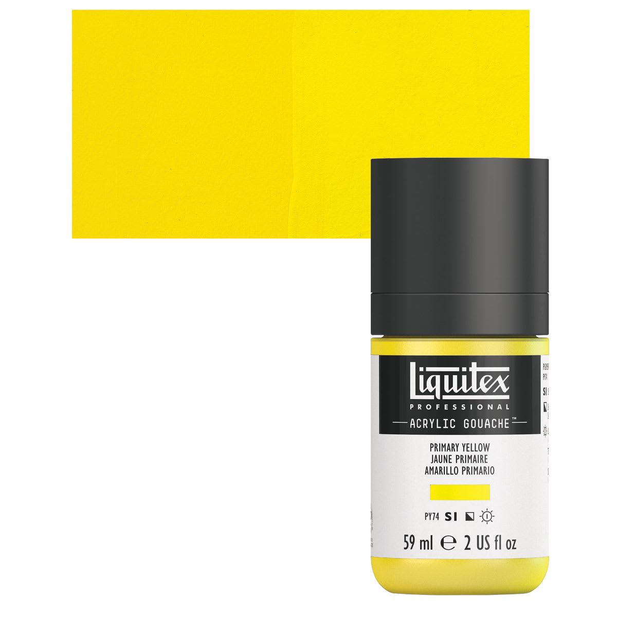 Liquitex Acrylic Gouache - Primary Yellow, 59 ml bottle and swatch