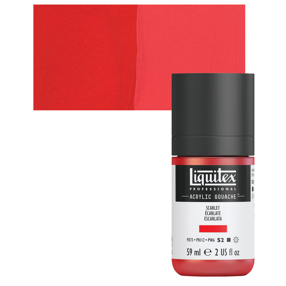 Liquitex Acrylic Gouache - Scarlet, 59 ml bottle and swatch