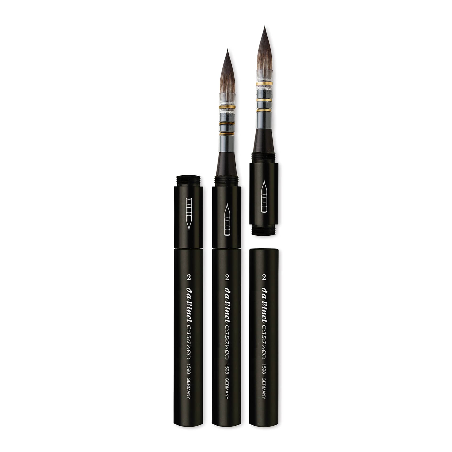 Synthetic Squirrel Watercolor Brush - 3 Travel Quill Rounds shown 1 open, 1 closed and 1 separated