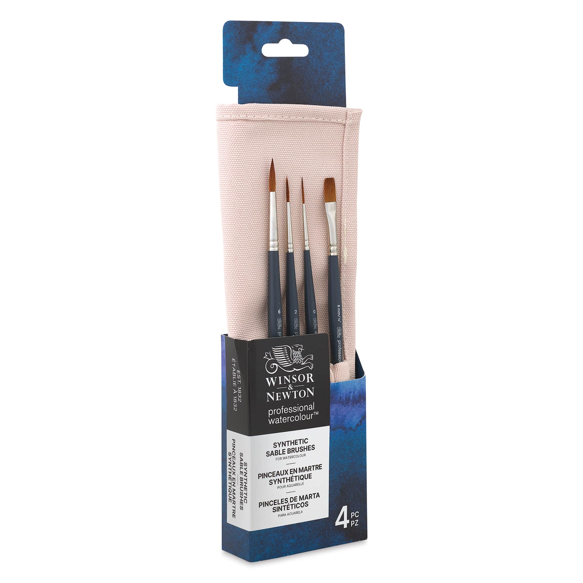Winsor & Newton Professional Watercolor Synthetic Sable Brushes - Set of 4, Canvas Wallet Case, packaging