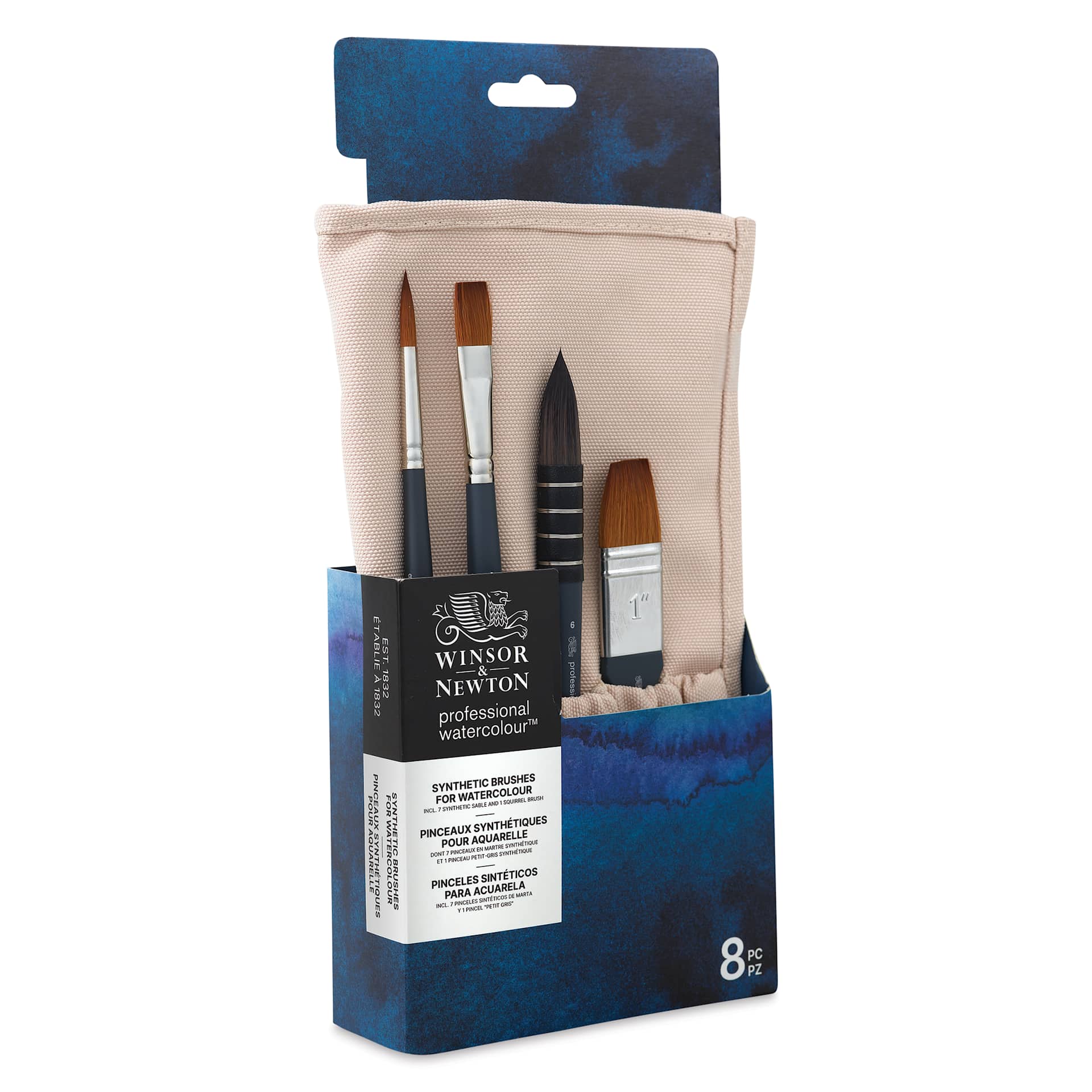 Winsor & Newton Professional Watercolor Synthetic Sable Brushes - Set of 8, Canvas Roll Up, packaging