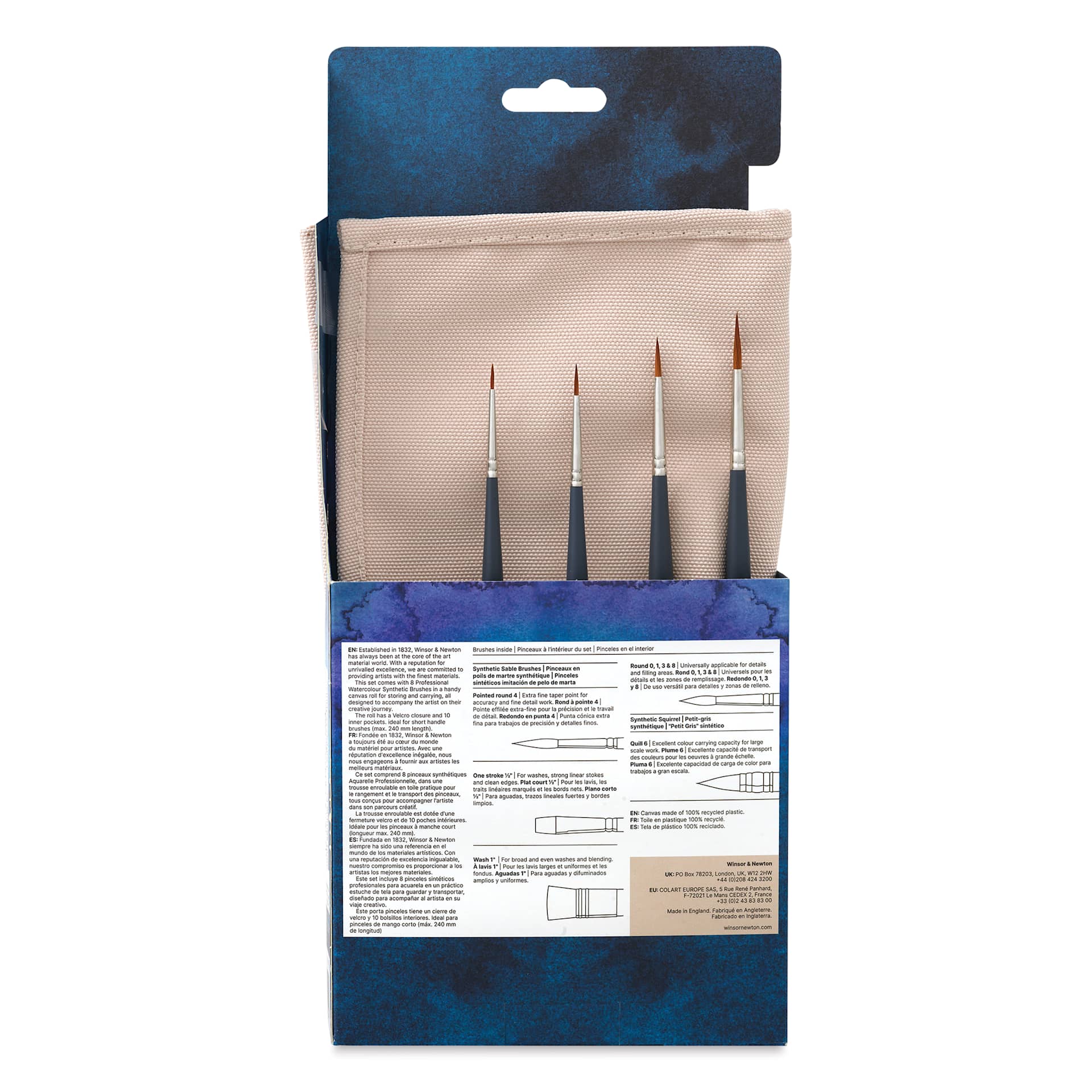 Winsor & Newton Professional Watercolor Synthetic Sable Brushes - Set of 8, Canvas Roll Up, back of the packaging