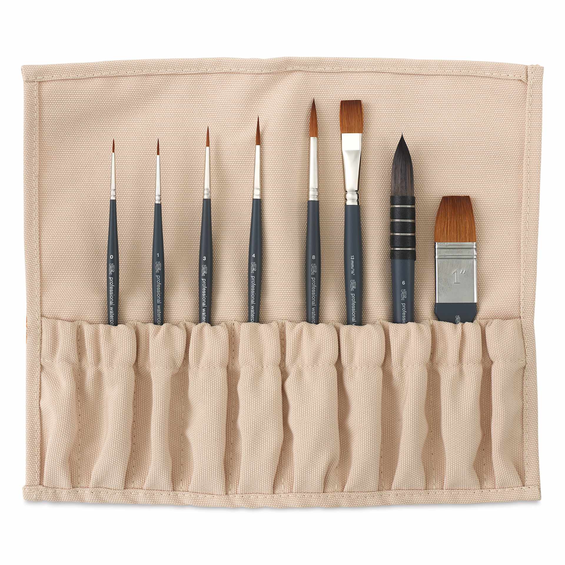 Winsor & Newton Professional Watercolor Synthetic Sable Brushes - Set of 8, Canvas Roll Up and brushes inside