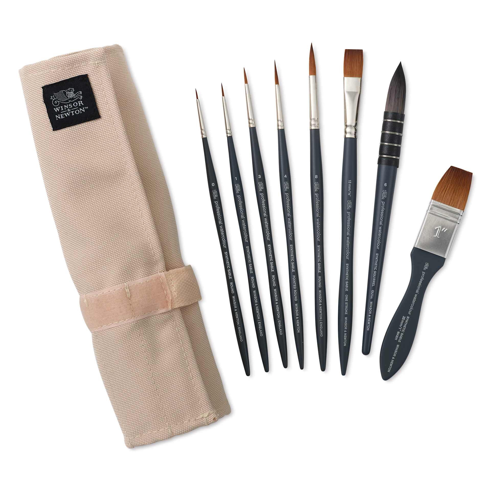 Winsor & Newton Professional Watercolor Synthetic Sable Brushes - Set of 8, Canvas Roll Up and brushes laid out