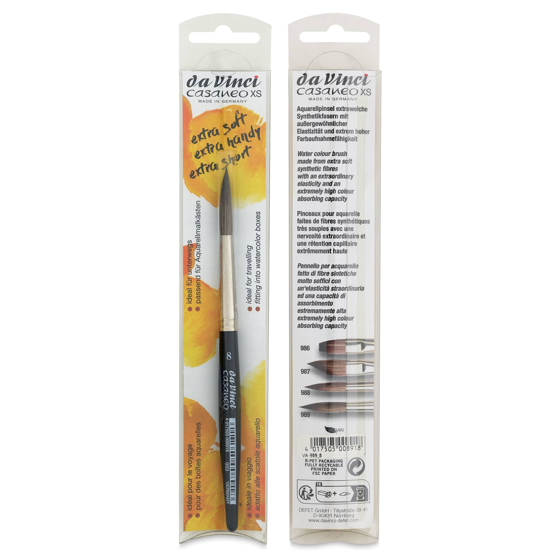 Da Vinci Casaneo Synthetic Squirrel Watercolor Brush - Rigger, Size 8, Extra Short Handle Travel Brush, Synthetic, front and back of packaging