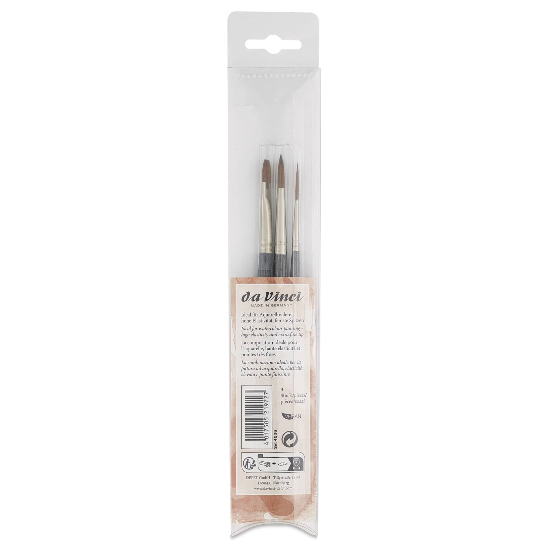 Da Vinci Colineo Synthetic Kolinsky Sable Brushes - Set of 3, Short Handle, Set 4036, back of pack