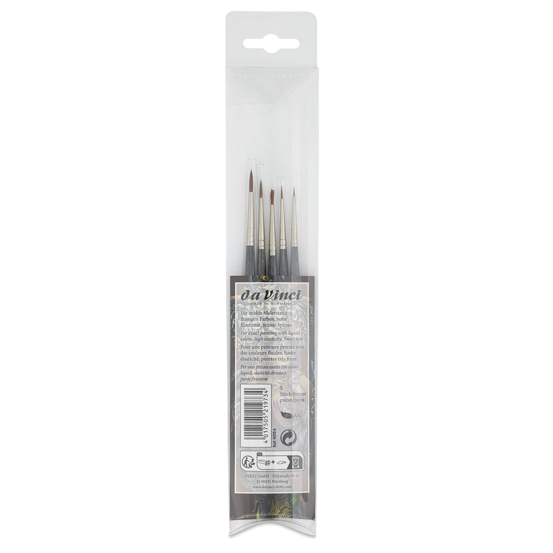 Da Vinci Colineo Miniature Synthetic Kolinsky Sable Brushes - Set of 5, back of packaging