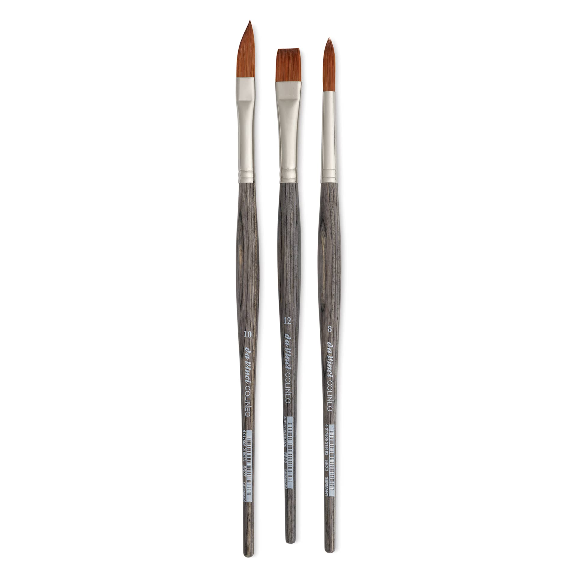 Da Vinci Colineo Synthetic Kolinsky Sable Brushes - Set of 3, Short Handle, Gift Box Set, laid out