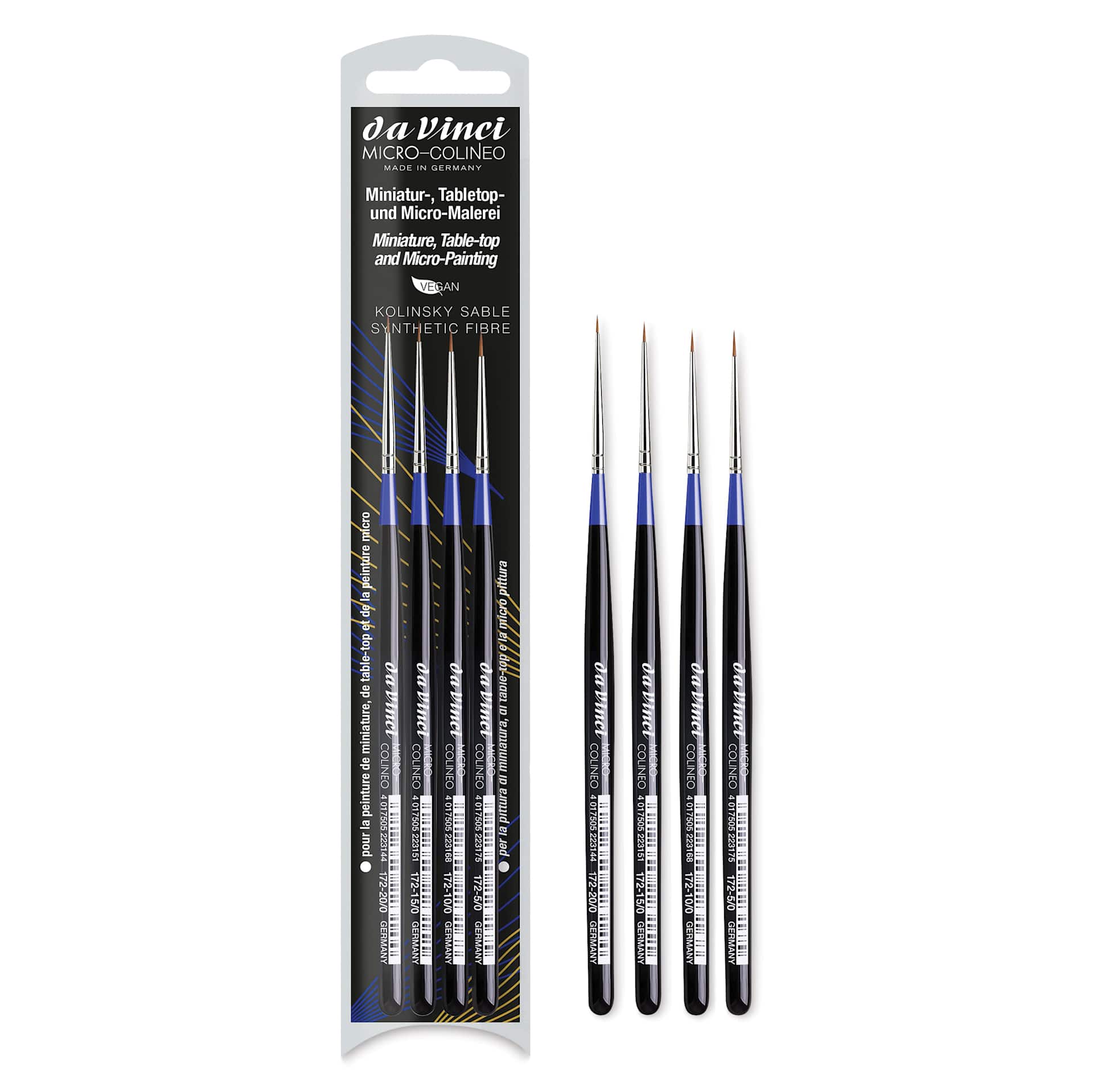 Da Vinci Micro Colineo Synthetic Kolinsky Sable Brushes - Set of 4, brushes in and out of packaging