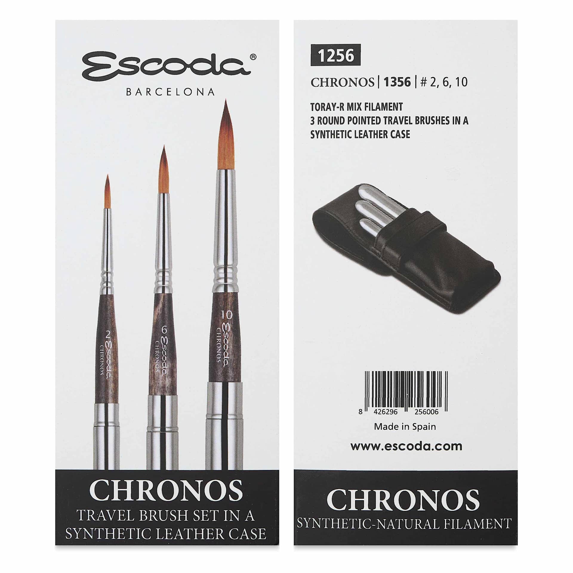 Escoda Chronos Synthetic Blend Travel Brushes - Set of 3, front and back of packaging