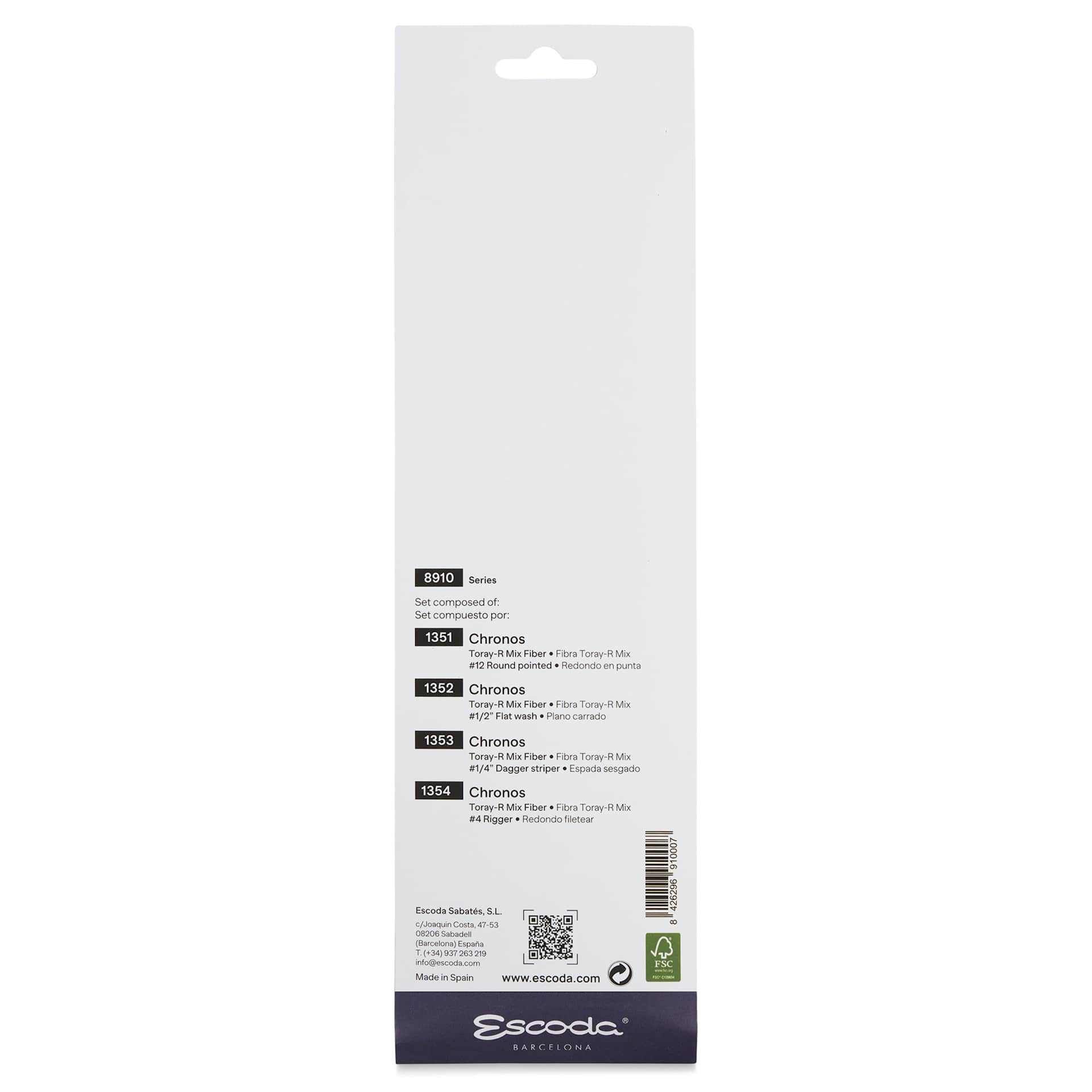 Escoda Chronos Synthetic Brushes - Series 8910, Set of 4, Short Handle, back of the packaging
