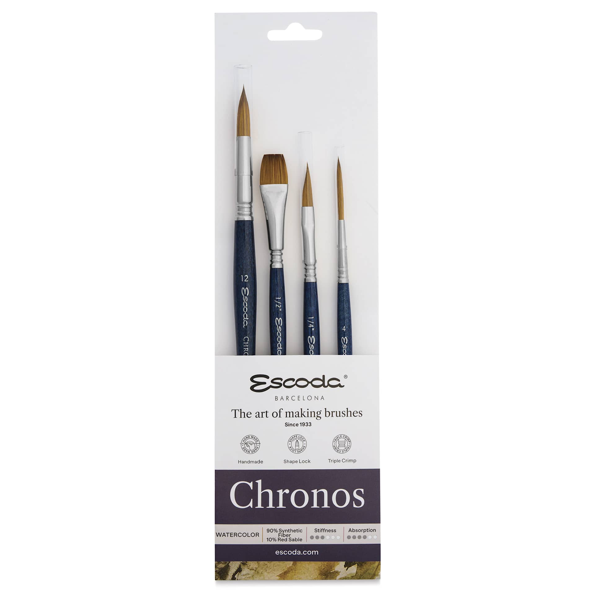 Escoda Chronos Synthetic Brushes - Series 8910, Set of 4, Short Handle, front of the packaging