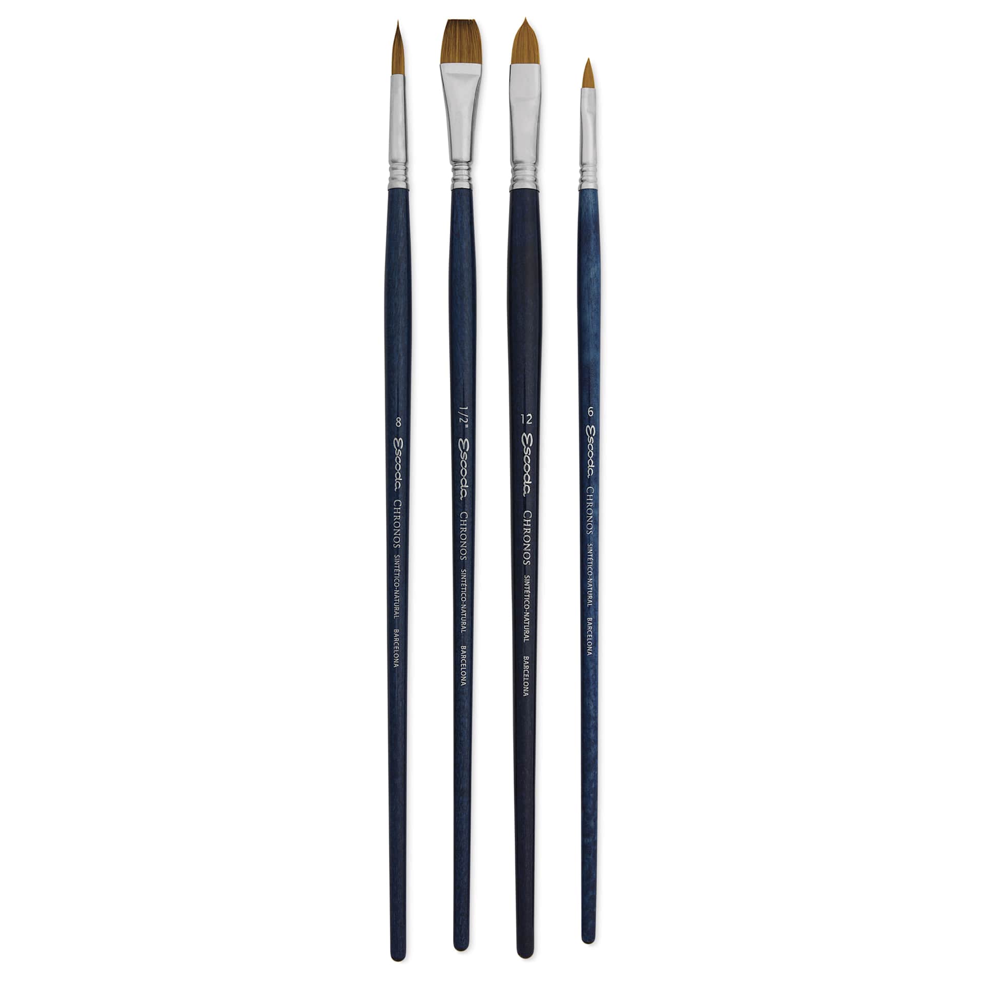 Escoda Chronos Synthetic Brushes - Series 8951, Set of 4, Long Handle, laid out