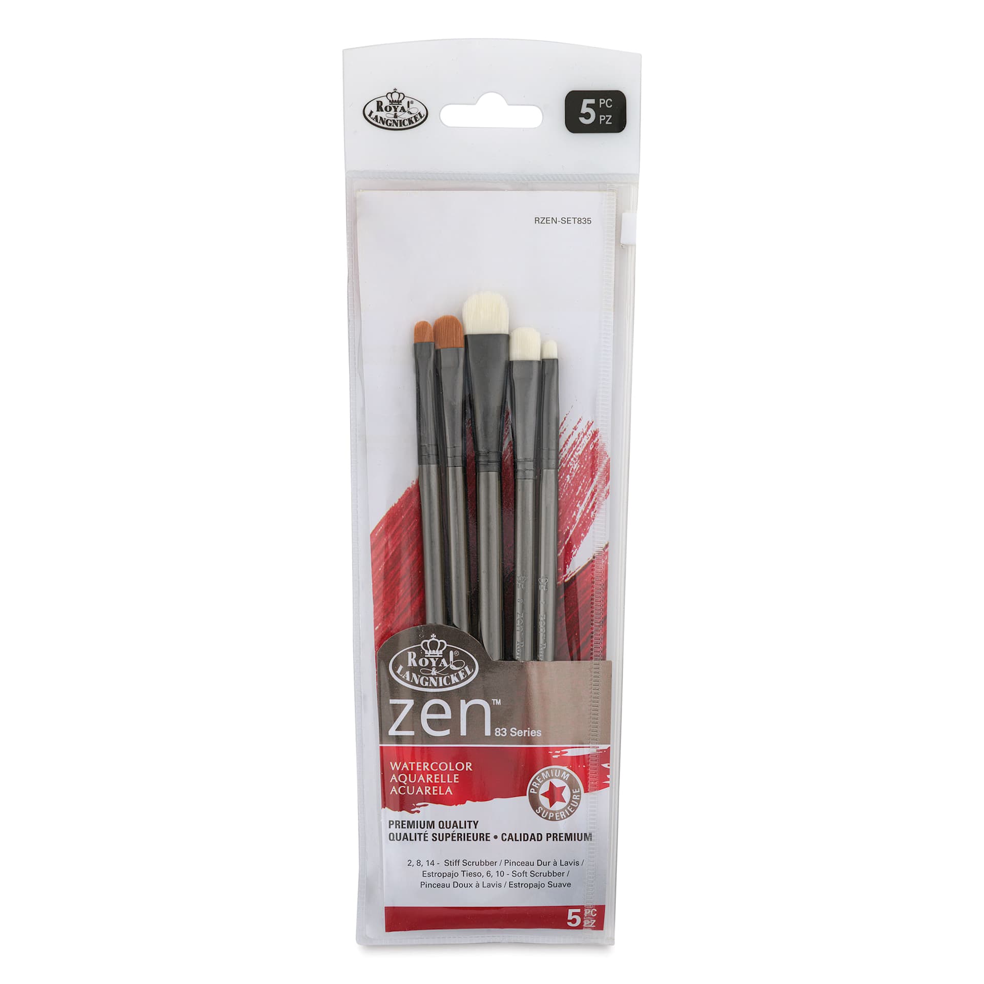 Royal & Langnickel Zen Watercolor Brushes - Scrubber, Short Handle, Set of 5, front of th packaging Royal & Langnickel Zen Watercolor Brushes - Scrubber, Short Handle, Set of 5, front of th packaging