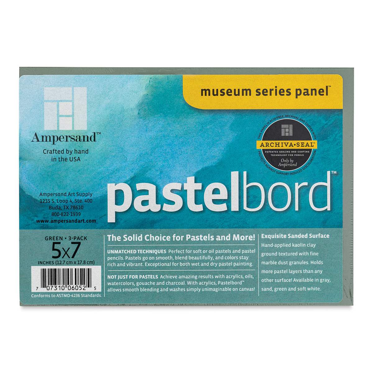 Ampersand Pastelbord Panel Pack - 5" x 7",  1/8" Profile, Dark Green, Pkg of 3 front of package