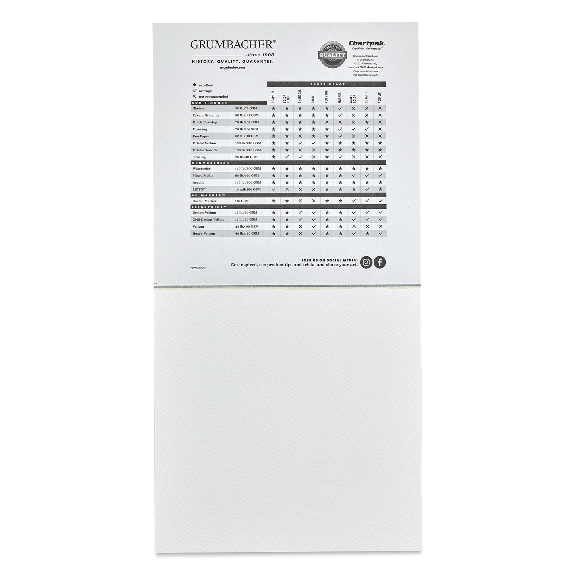 Grumbacher Acrylic Tapebound Pad - 8" x 8", 24 Sheets, 140 lb open to first sheet