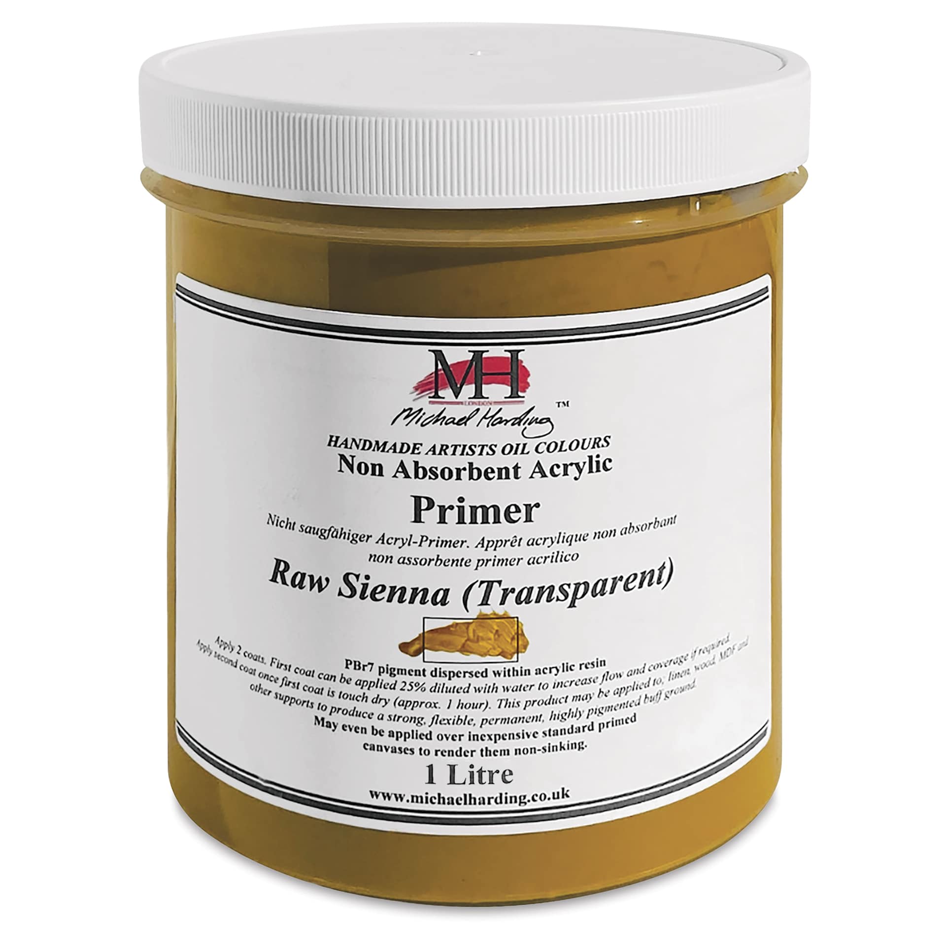 Michael Harding Non-Absorbent Acrylic Primer - Raw Sienna (Transparent), 1 Liter, Jar