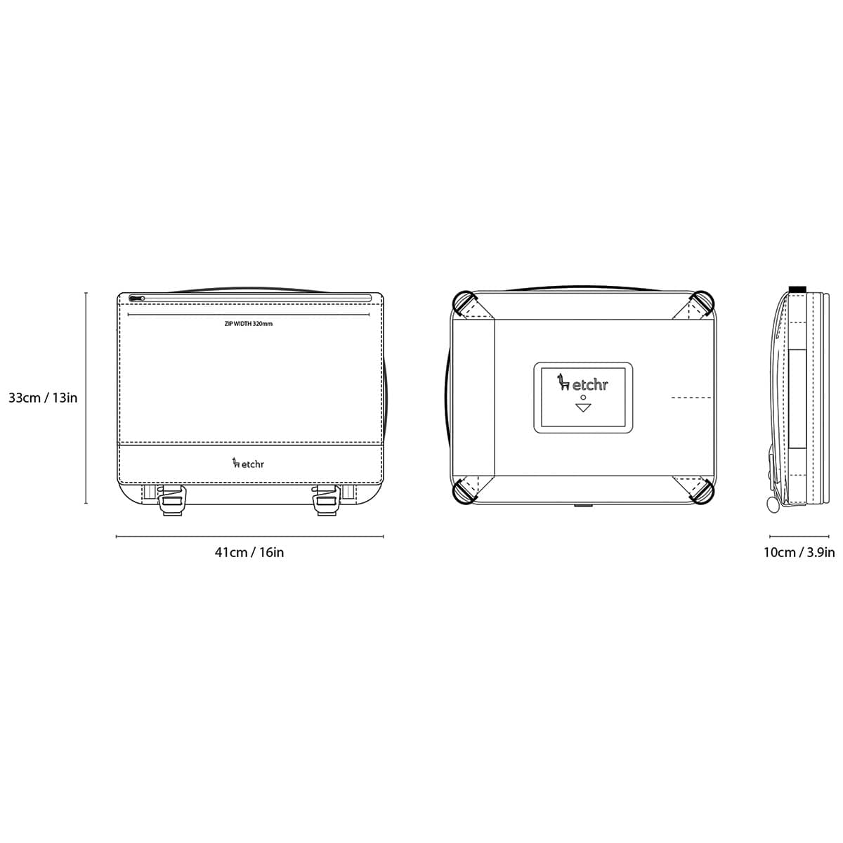 Etchr Art Satchel (illustration of outside dimensions)