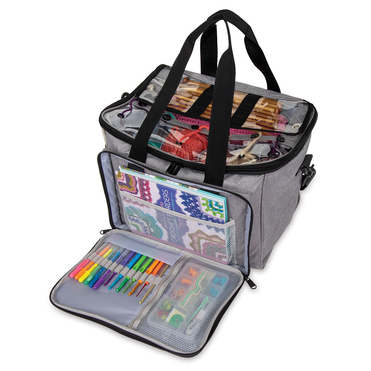 ArtBin Needleworks Project Bag - Grey (front pocket open and filled, supplies not included)